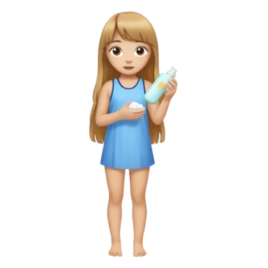 a girl with light skin and medium brown long hair with bangs who is applying lotion to her body show her whole body sticker