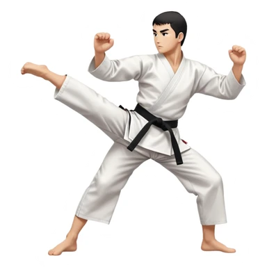 A disciplined karateka in white gi and black belt, performing a mid-side kick pose, calm facial expression with focused eyes, minimal but powerful, traditional Japanese dojo feel sticker