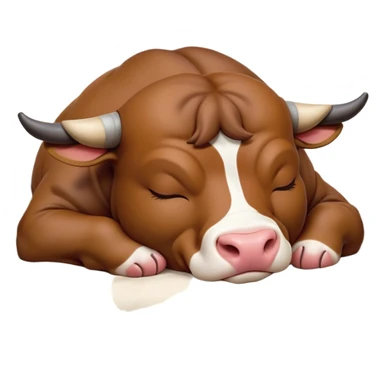 meme-worthy-cute-sleeping-domestic-bull-portrait-emoji,-head-resting-peacefully-with-a-contented-smile,-showcasing-a-robust,-muscular-build-and-a-luxuriously-soft-coat,-eyes-gently-closed-in-serene,-restful-slumber,-simplified,-solid-brown sticker