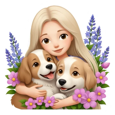 A beautiful girl with long straight hair happily hugs an Alaskan dog in the flowers sticker