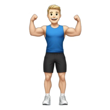 Joyful Celebrating victory Pale skinned Fit Man With the biceps and dark brown hair in black shirt, gray sports shorts and white Sneakers sticker