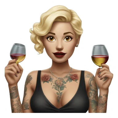Blonde elegant women, her Body Covered with Tattoos, Wine in her ONE Hand, POINTING FORWARD with her OTHER HAND , Hyper realistic sticker