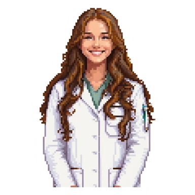 young woman, brown long wavy hair, medical white clothes, friendly, front view, smiling sticker