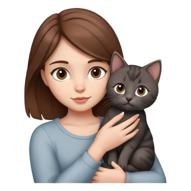 Girl with brown hair holding a grey and black kitten with love  sticker