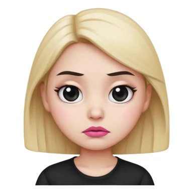  Girl emoji with round face, white skin, sharp eyebrows, frowning face, black shirt, pink lips, and big eyes  sticker