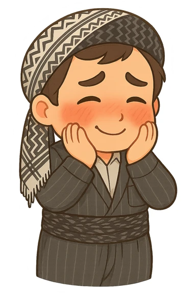 Cartoon sticker of a Kurdish man in the same clothes and scarf as the reference image, no changes to clothes or scarf. Face showing shy and embarrassed expression with red cheeks, looking down or to the side. Both hands on cheeks. Colorful and cheerful style, no shadows or color halos around the image, no text, suitable for WhatsApp and Instagram, with a fully transparent background. sticker