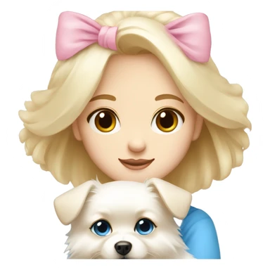 Blond girl white skin blue eyes hugging white Pomeranian with light pink bow sticker