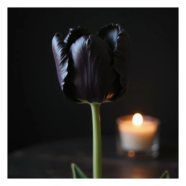 realistic goth tulip with black petals wilted with candle beside, photorealistic style sticker