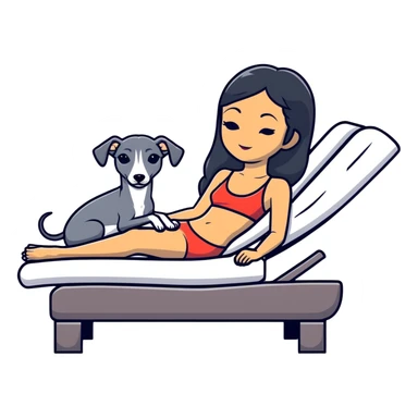 Very thin Chinese woman with long black hair relaxing on a spa lounger with exactly ONE Italian greyhound. CRITICAL REQUIREMENT: the dog must be ONE SOLID DARK CHARCOAL GREY COLOR from nose to tail with NO WHITE or LIGHT AREAS anywhere - NO white face, NO white muzzle, NO white chest, NO white paws, NO white tail tip - NOTHING BUT A SINGLE SHADE OF DARK GREY throughout the entire animal sticker