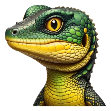 cinematic-realistic-cute-monitor-lizard-portrait-emoji,-head-tilted-playfully-and-inquisitively,-featuring-a-compact,-agile-body-with-finely-detailed,-glossy-scales-in-earthy-black and yellow-hues-and-a-distinct,-alert-face-with-bright,-curious-eyes, black , yellow spotted and green band  scales sticker