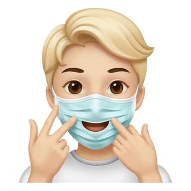 person with a mask, hand near mouth, showing good hygiene, cheerful sticker