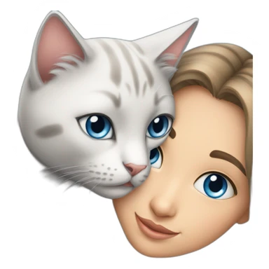 light gray, blue eyed cat cuddles turkish girl sticker