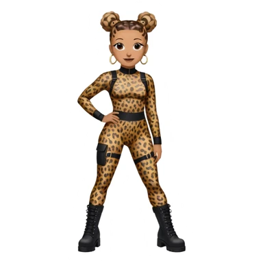 Melanie Brown smiling with her hair in space buns and wearing a tight leopard print two piece bodysuit and black combat boots sticker