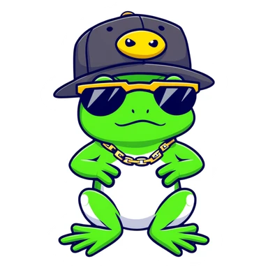 thug life frog with pixelated black sunglasses, gold chain, snapback hat, tough gangster pose sticker