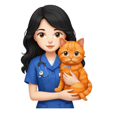 a girl with long black wavy hair in a nursing uniform holding her orange persian cat sticker