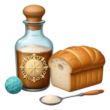 a one victorian bottle of salt and a loaf of bread - crochet needles and a ball of wool sticker