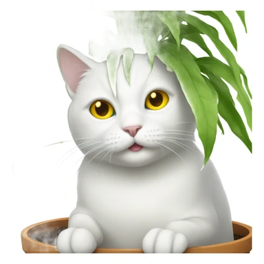 White cat sitting in a plant pot, yellow eyes sticker