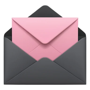A minimalist 3D icon of an open envelope with a card inside that says 'NEWS', flat design style, colors: deep charcoal black (#000000) and soft accent pink (#f9a8d4), clean lines, high contrast, isolated on a black background, high resolution. sticker