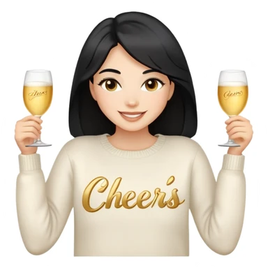 A woman with longer black hair, light to medium skin tone, full cheeks, and almond-shaped eyes, wearing a simple white sweater with the word 'cheers' in gold script, joyful and radiant expression, cheerful, emoji style, just her torso, no hands. sticker