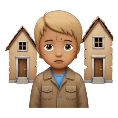 apple style emoji of a small child looking at broken houses, sad expression sticker