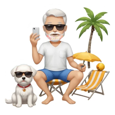 white man grey hair beard holding a white Maltese sitting on a beach full body sticker