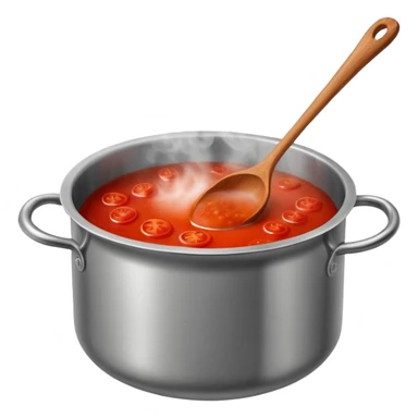 Big cauldron of tomato sauce being cooked in a tall stainless steel pot with a massive wooden spoon   sticker