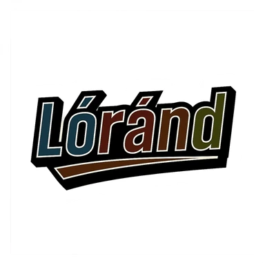 Lóránd name in masculine, modern, gradient font with precise Hungarian characters, dark outline, extra thick, prominent white letter frame as in sample images, dynamic slanted underline, masculine color shades (blue, gray, burgundy, green, brown), 1000x1000 px, PNG, transparent background sticker
