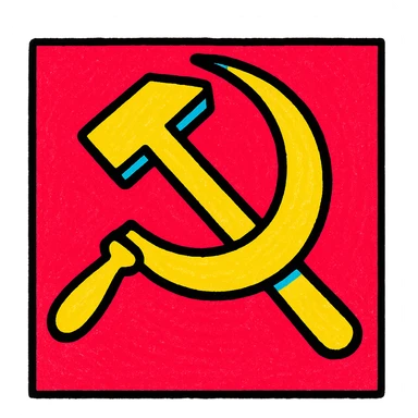 yellow sickle and hammer crossed over, red background, bold graphic style sticker