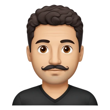 Hispanic man in his 40s with light cinnamon skin. Structured face with defined jawline. Calm brown eyes. Natural thick eyebrows. Connected mustache and chin beard (goatee) in black with a few gray hairs. Short curly dark hair. Wearing a black V-neck t-shirt. sticker