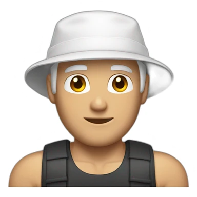 A white hair man wearing backwards hat and tank top and muscles sticker