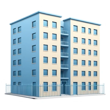 light blue rectangular 9-story apartment building surrounded by fence, closed courtyard, minimal flat vector icon, friendly clean design sticker