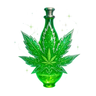 prabangus eliksyro buteliukas, kanapės lapo forma arba su kanapės motyvais, ryškiai žalia spalva, sidabrinės ir holografinės detalės, daug magiškų efektų, labai mažas kaklelis, vientisas dugnas, buteliukas plūduriuoja ore, be pagrindo ar šešėlio, modernus, kolekcijai tinkamas, skaidrus fonas sticker