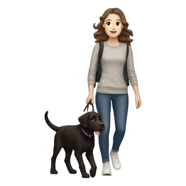 White girl with wavy brown hair walking a black Labrador sticker