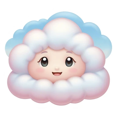 Cinematic tiny snuggly cloud, soft fluffy texture, gentle glowing edges, cute blushing cheeks, floating peacefully in a pastel sky, warm and dreamy. sticker