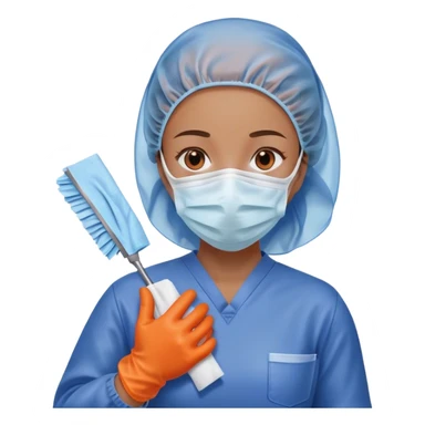 A meticulous cleanroom worker dressed in full protective gear, including a blue sterile suit, a face mask,  and orange gloves.  wipe  in her hand. sticker