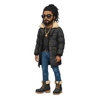 African American man with shoulder length black dreadlocks with black beard wearing black sunglasses wearing a black bubble winter coat wearing denim skinny jeans wearing wheat timberland boots thinking sticker