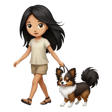 A girl with long black hair walking a papillon sticker