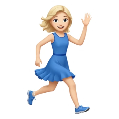 A girl in a blue dress runs and waves hello sticker