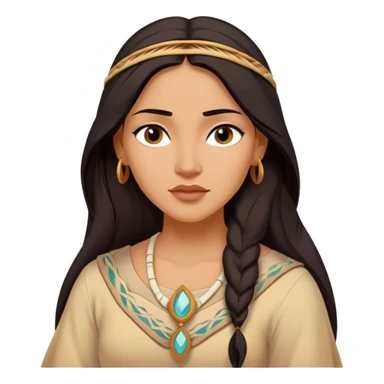 Cinematic Serene Pocahontas Portrait Emoji, rendered in a realistic, simplified vector style. Depict a gentle Pocahontas (chest and above) with warm, glowing skin, loosely flowing dark hair, and a calm, reflective expression, wearing modest traditional attire in earthy hues. The image is bathed in a soft, inviting glow with high shine and a soft glowing outline. sticker