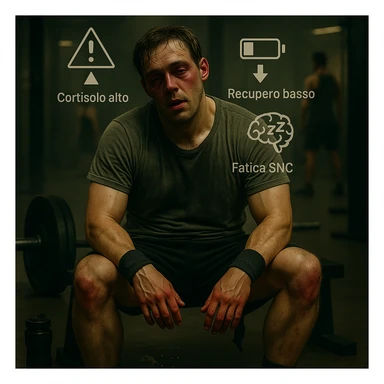 Add floating symbols above the head with Italian text: 'Cortisolo alto', 'Recupero basso', 'Fatica SNC'. The style should be raw cinematic with muted colors and dramatic lighting. The symbols must be clear and legible. sticker