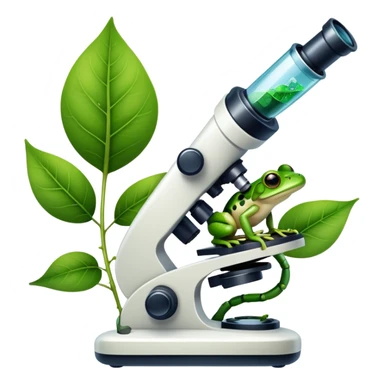 An icon featuring a DNA strand, a microscope, and a green leaf, symbolizing biology. The design includes animal cells, plant structures, and a frog, representing the study of living organisms and ecosystems. Transparent background highlights life sciences and biological research. sticker