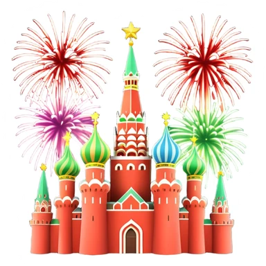 Apple style 3D emoji of New Year fireworks over Moscow. Vibrant multi-colored sparkling bursts (red, gold, green) in the sky. Below, a simplified glossy 3D silhouette of the Kremlin towers with glowing red stars. 
в более пастельных оттенках sticker