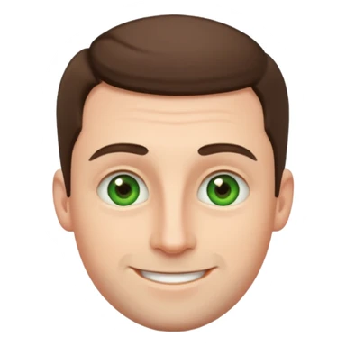 white man, 30 years old, white skin, round face, wide nose, big eyebrows, no beard, very short brown hair, green eyes, emoji style sticker