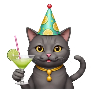 An old, dark grey cat is wearing a party hat, and drinking a margarita. sticker
