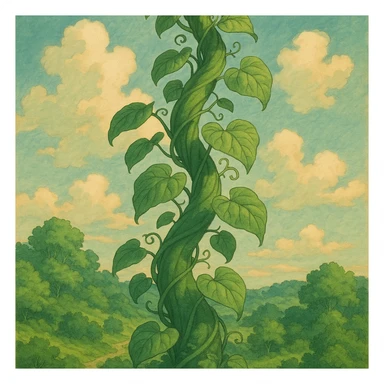 storybook illustration of a lush green beanstalk stalk winding upward sticker