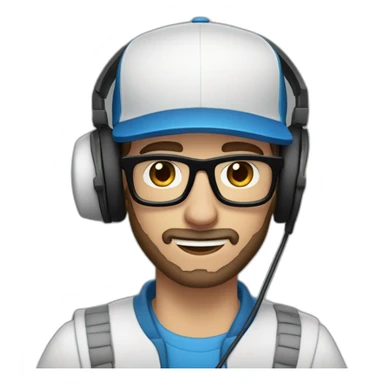 blue eyed scruff white man in a backwards baseball black hat and rectangle glasses wearing headphones with microphone - brown hair sticker