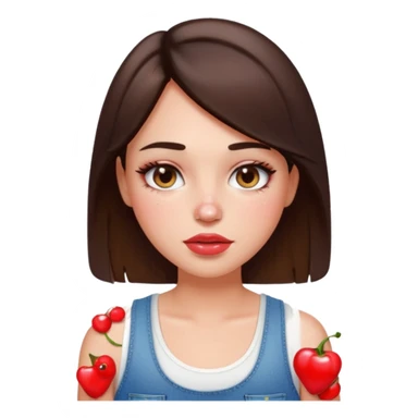 “Emoji brunette girl white tanktop, dewy skin, heavy blush across cheeks and nose bridge, glossy cherry lips, soft eyeliner, teary sparkling eyes like hanni from new jeans sticker