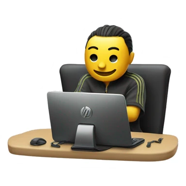 An emoji-style character sitting in a relaxed and fun pose in front of a PC.
The PC should clearly display the HP Victus logo on the front.
 sticker