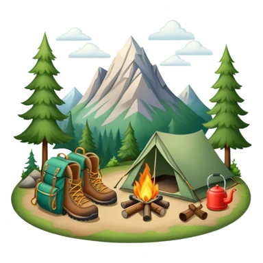 Icon for Hiking: a pair of hiking boots, a backpack, a walking stick, a tent, and a kettle over a campfire, surrounded by trees and a mountain trail. The icon should capture the adventure and warmth of camping. Transparent background. sticker