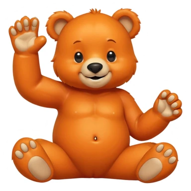 Create a orange friendly bear, make him look like from a kid cartoon and make him smile. Show his whole body. Make him look shy and cross his leg while pointing his index finger towards each other sticker